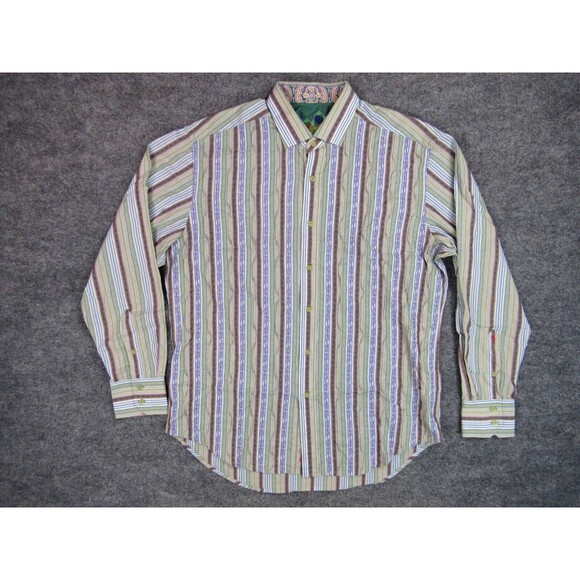 Robert Graham Shirt Mens Large Green Purple Stripe Button Up - Picture 2 of 10